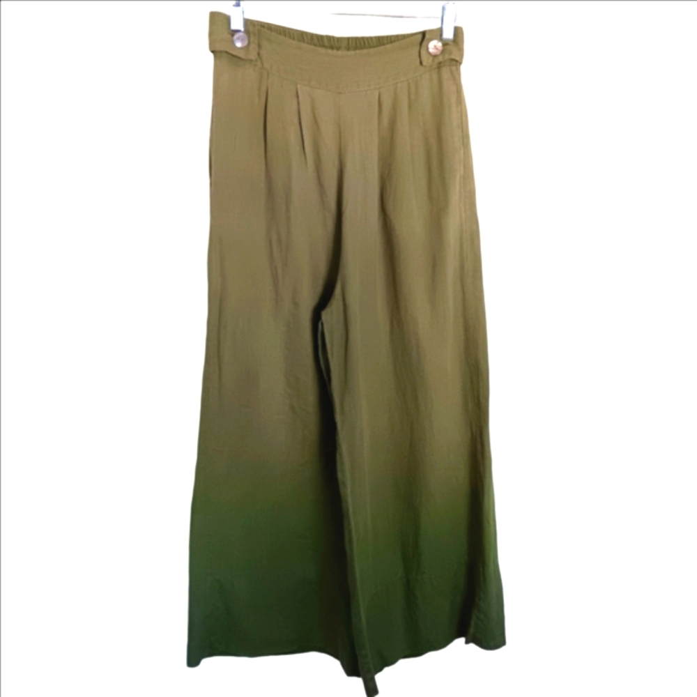 Free The Label Olive Linen Pants Wide-leg High-rise Elastic Waist Ankle Length M